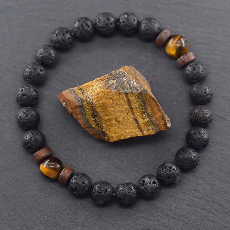 Natural Yellow Tiger Eye Bead Bracelet Men Women Black Volcanic Lava Wristband Tibetan Buddha Elastic Rope Couple Stone Bracelet 250916