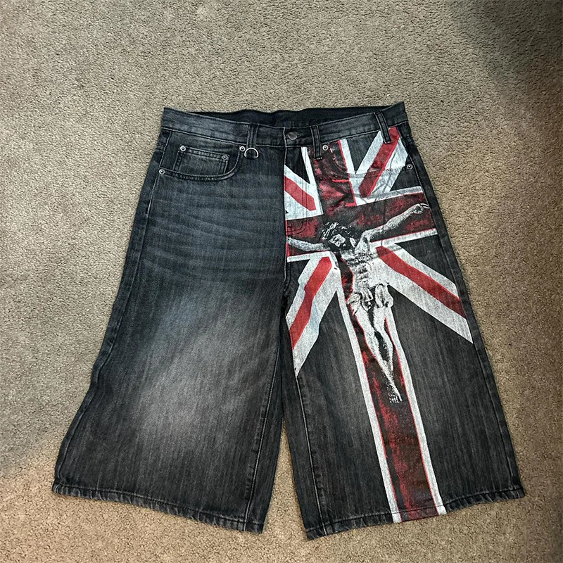 Y2K Vintage Washed Jeans Fashion British Flag Pattern Printing Casual Loose Denim Shorts Gothic Men Women Punk Rock Streetwear 250917