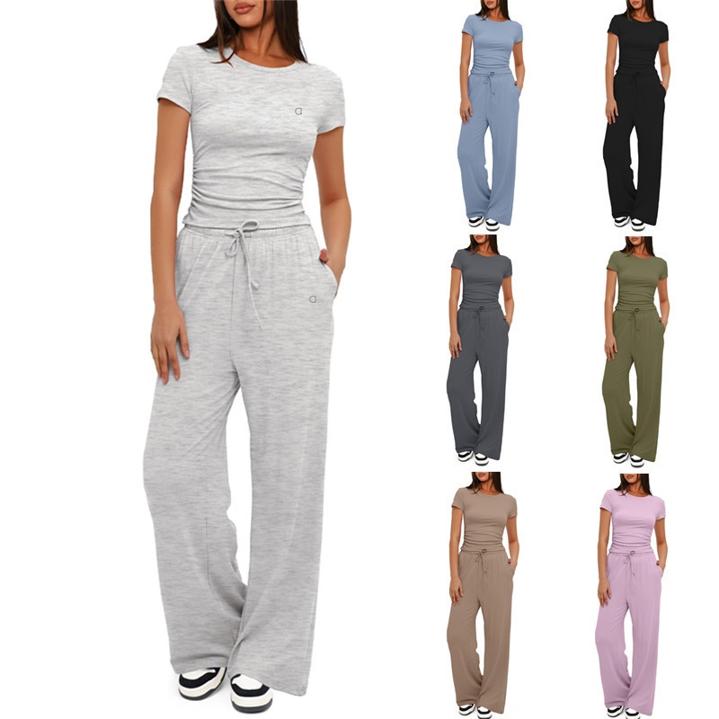 A1091 3D Women's Leisure Yoga Suit Pleated Solid Color Short-sleeved Shirt High Waist Wide-leg Pants Sportswear