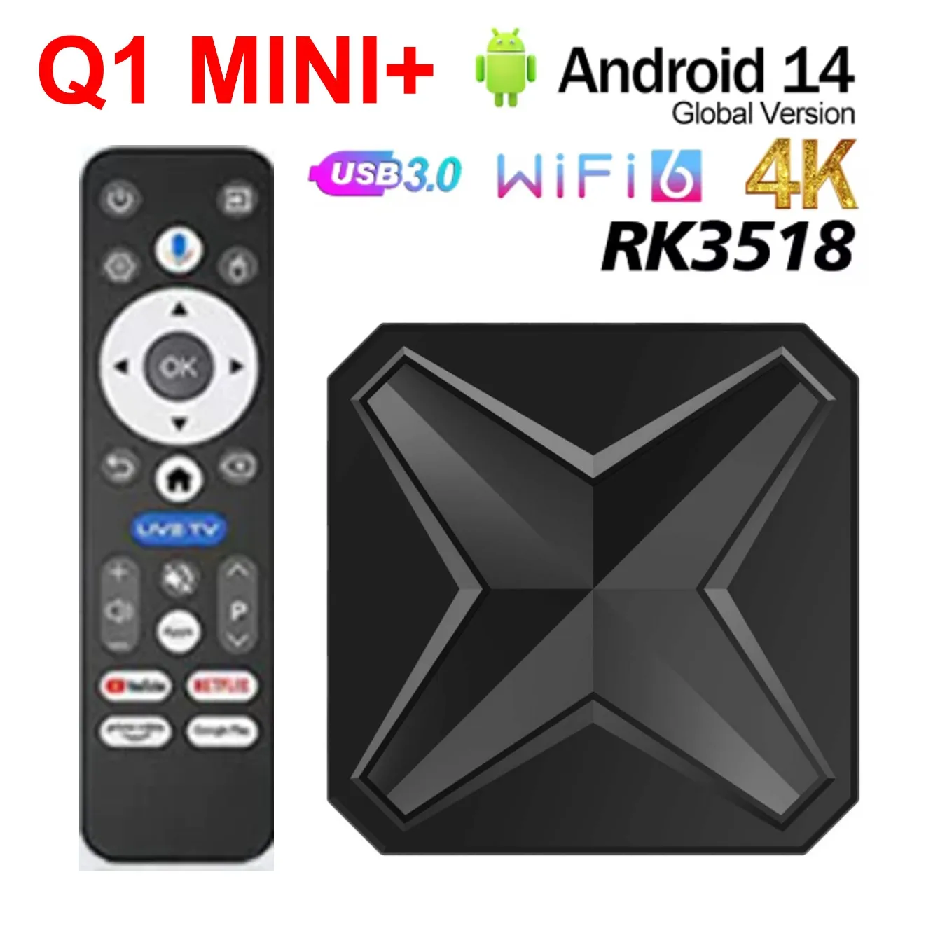 Q1 Mini Plus Smart TV Box Android 14.0 RK3518 4K And Wifi 6 16GB BT5.4 3D Voice Media Player Home Theater Android TV Box