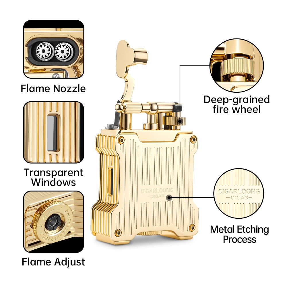 CIGARLOONG Cigar Straight Dual Flame Visible Fuel Perspective Window Adjustable Firepower Torch Lighter with Gift BoxWithout Gas W260202