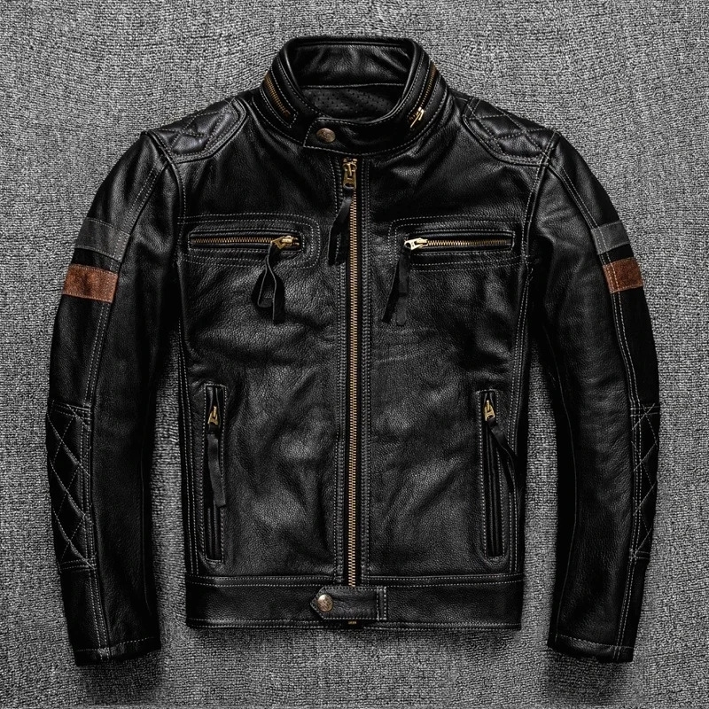2025 Pro motor biker real leather jacketcool black men rider cowhide coatquality thick cloth 250916