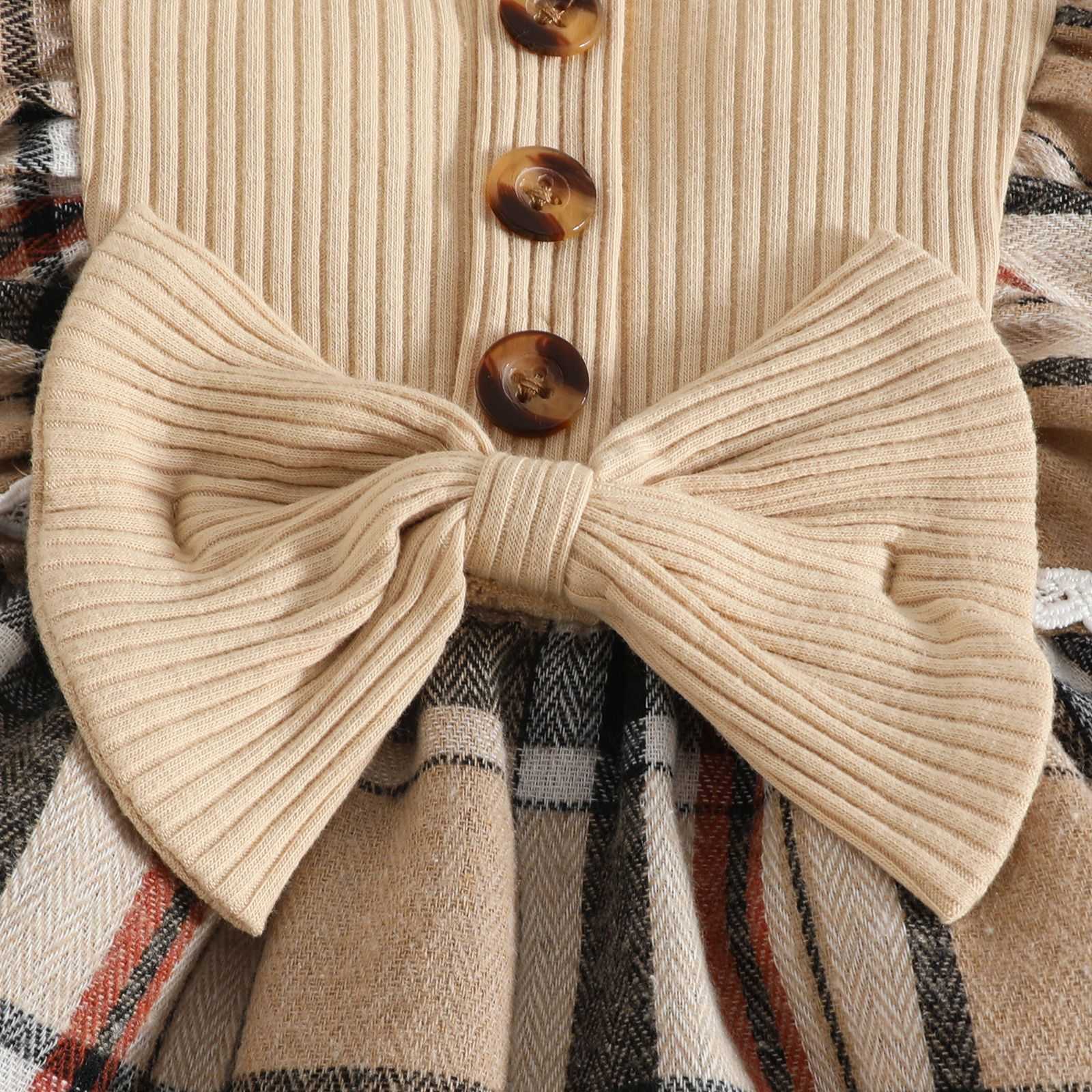 Baby Girl Ribbed Woven Fabric Patchwork Long Sleeve Dress Autumn Winter Classic Plaid Bow Dress C250917