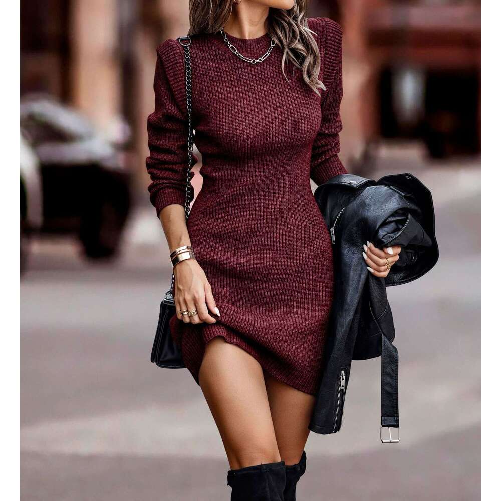 2025 Autumn Winter European and American Style Solid Color Round Neck Long Sleeve Bodycon Sweater Dress for Women
