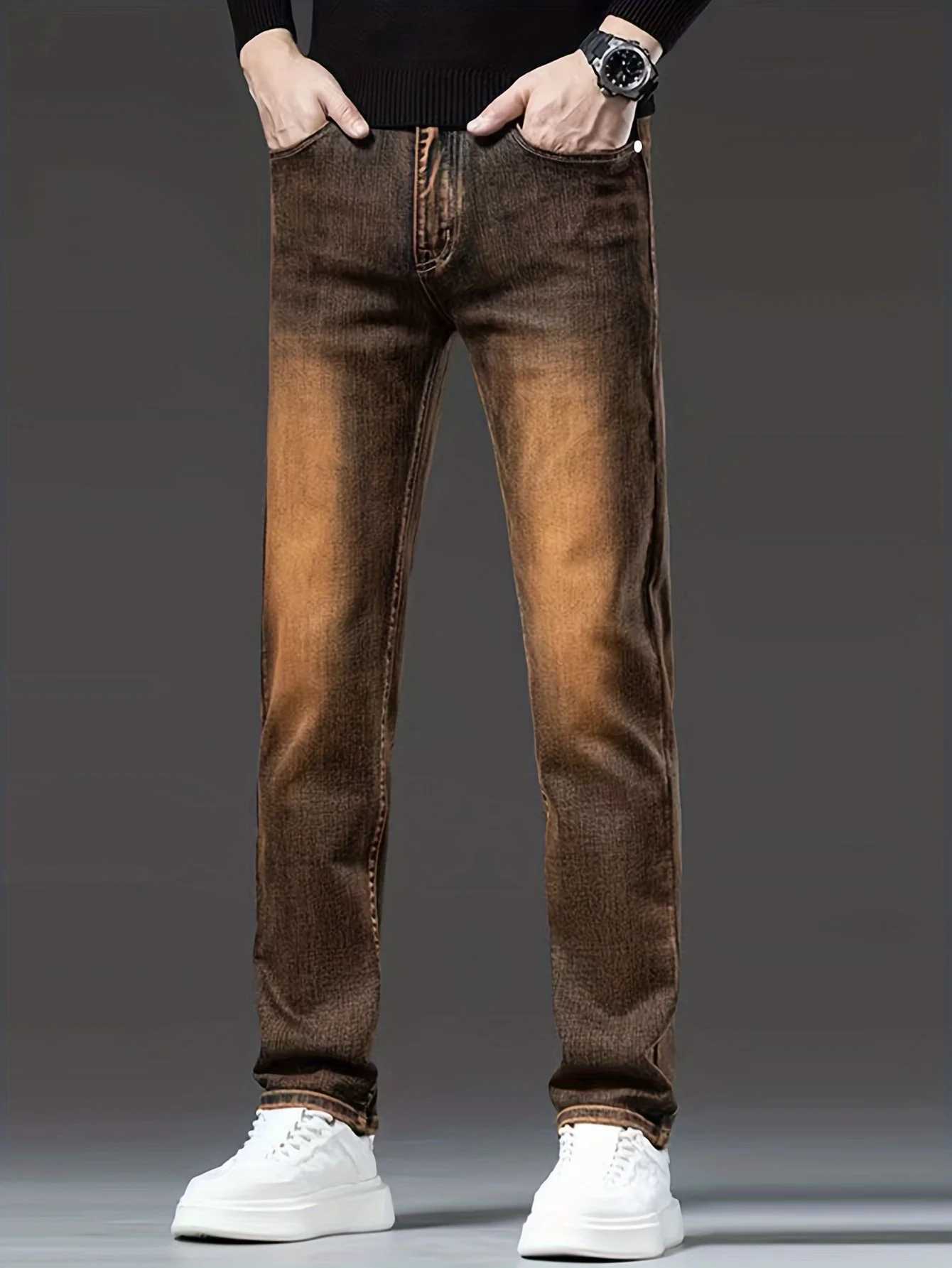 Vintage Fashion Mens Straight Jeans Stretch Washed Breathable Cowboy Casual Trousers New Trendy Gradient Color Denim PantsZ250917