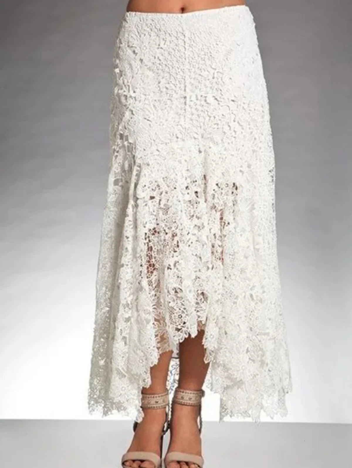 Elegant Lace Asymmetrical Skirt Women Vintage Y2K Boho High Waist Hollow Mesh Patchwork Layered Maxi Skirts Lady Holiday Outfits 250917
