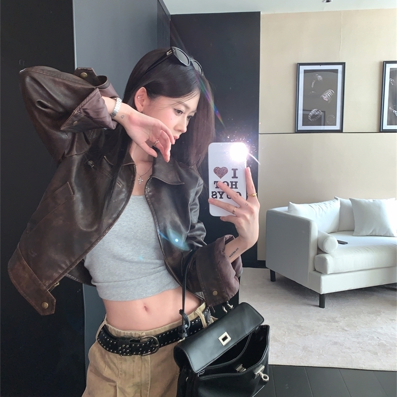 Cibbar brown leather trimmed jacket y2k retro pocket patch work zipper full set PU jacket 2000s streetwear womens retro jacket 241126