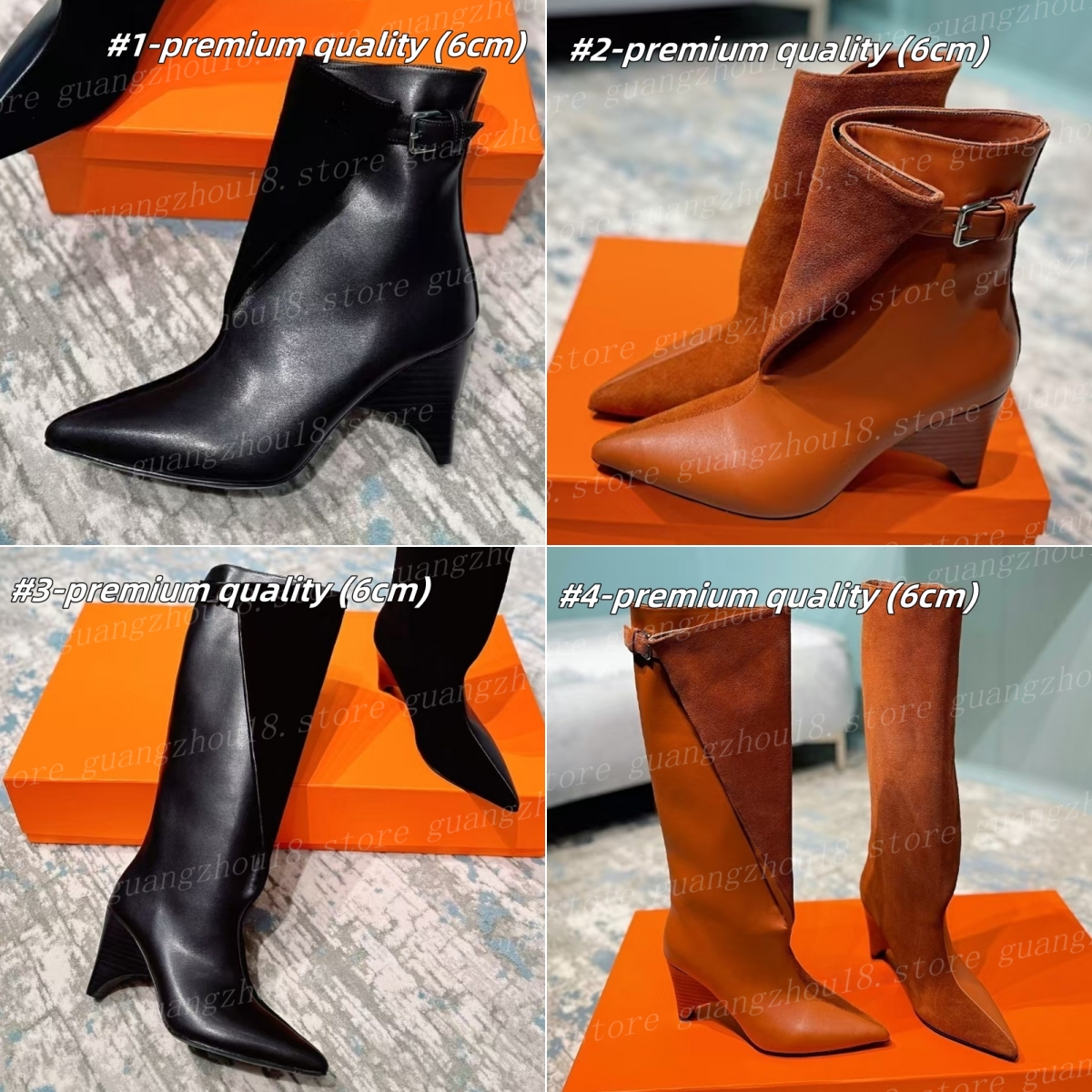 (go off picture not the description) Premium Winter Boots Women's Long Short Leather High Heel Shoes Splicing Leather Boot 32503