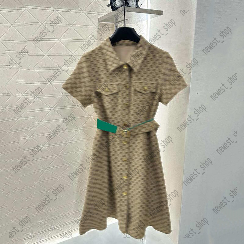 Womens Basic Dresses Designer Jacquard Double Letter print lapel dress with belt Luxury Sexy Lady short Sleeve Casual Dresss khaki black