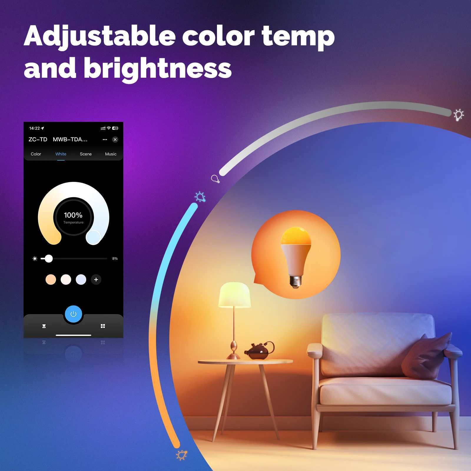 MOES Tuya Smart WiFiMatterZigbee 14W LED Bulb E27 Music Sync Functional 16M RGB Scenarios Light Intelligent Voice APP Control C250917