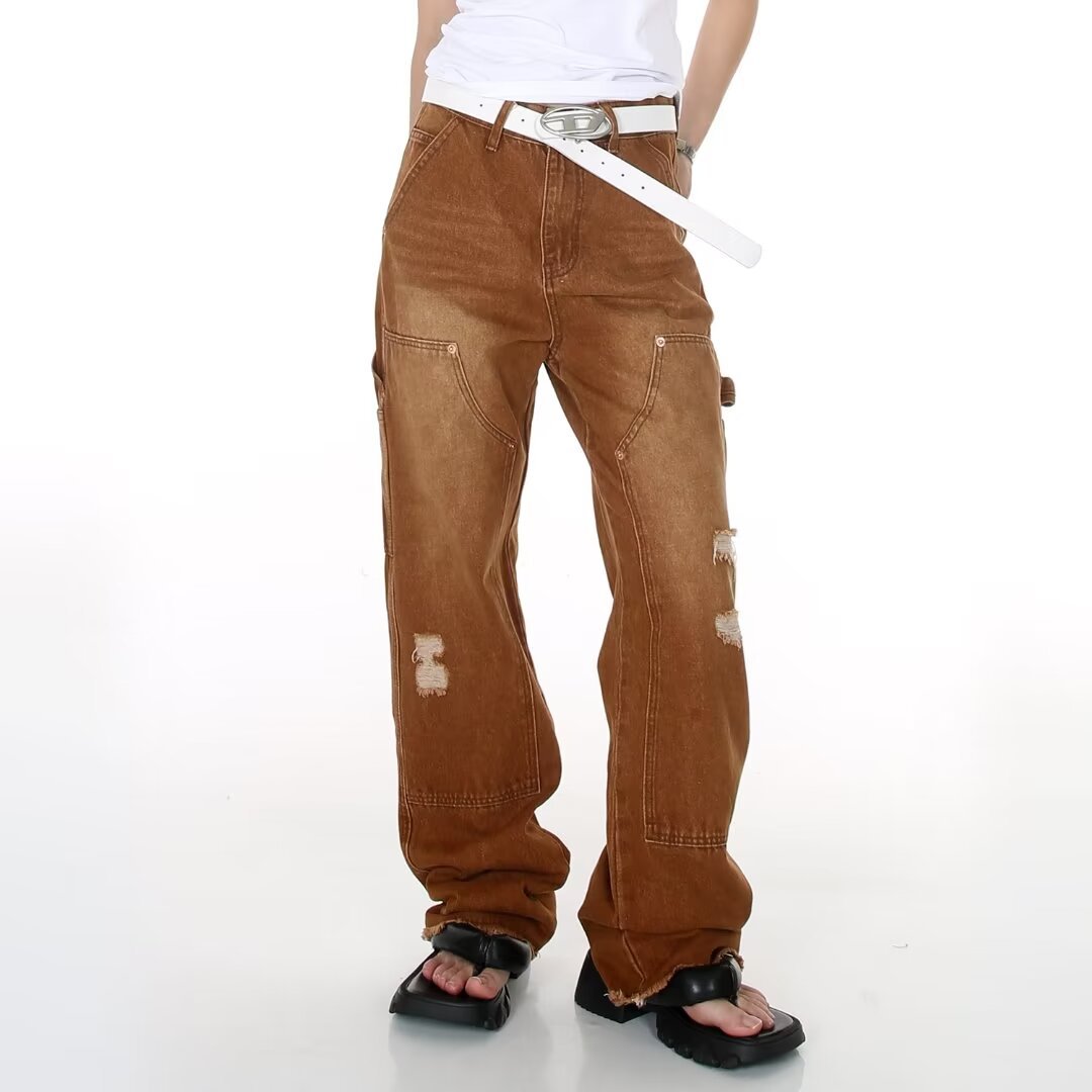 New Y2K Gothic Punk American Retro Punk Embroidered Jeans Mens Washed Old Brown Loose Straight Wide Legs Fashionable Jeans Z250605