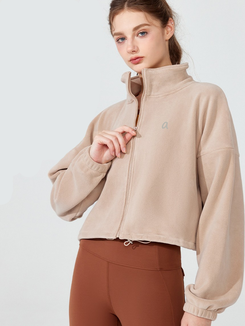 Yoga set Sweatshirts Cropped Full Zip Jackets Slightly Puffy Sherpa Coats Polar Fleece Wintry Mix Jacket Slouchy Mock Neck Sweater Silver 3D logo ALOOLO workout sets