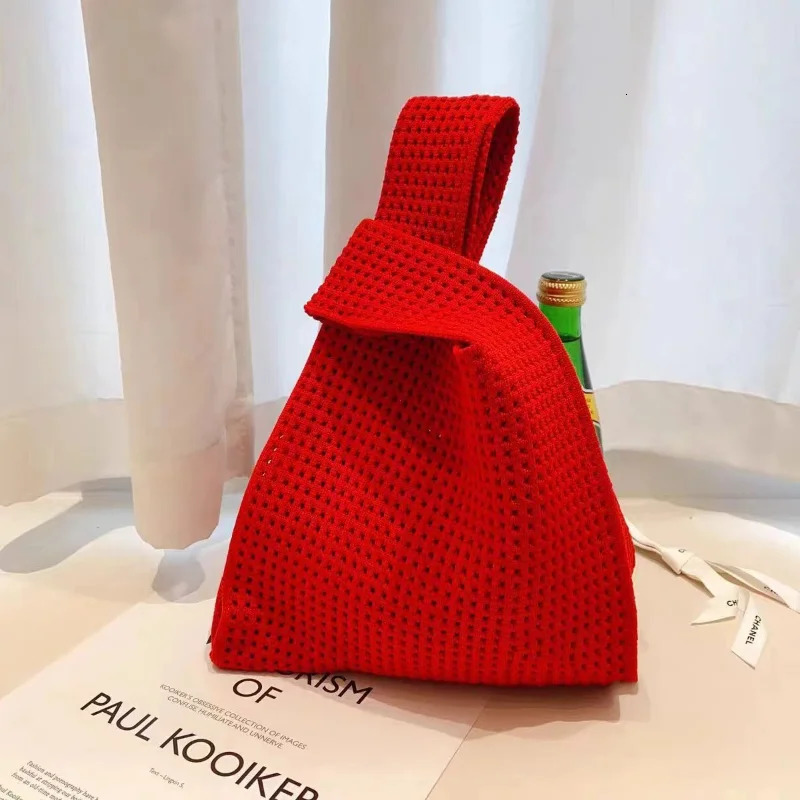 Handmade Knit Handbag Women Mini Knot Wristbag Female Casual Color Wide Stripe Plaid Tote Bag Student Reusable Shopping 250917