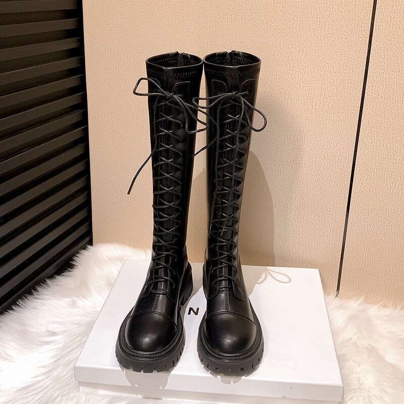 Genuine Leather Martin Riding British Style Height Increasing Long Lace-Up Round Toe Thick-Soled Women's Boots