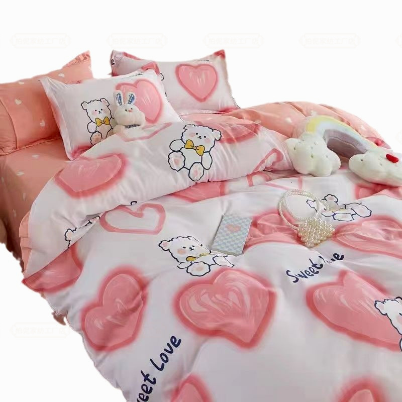 INS Nordic Black and White Bear Four-Piece Washed Cotton Duvet Cover Bed Sheet Student Dormitory Three-Piece Bedding Set W260302