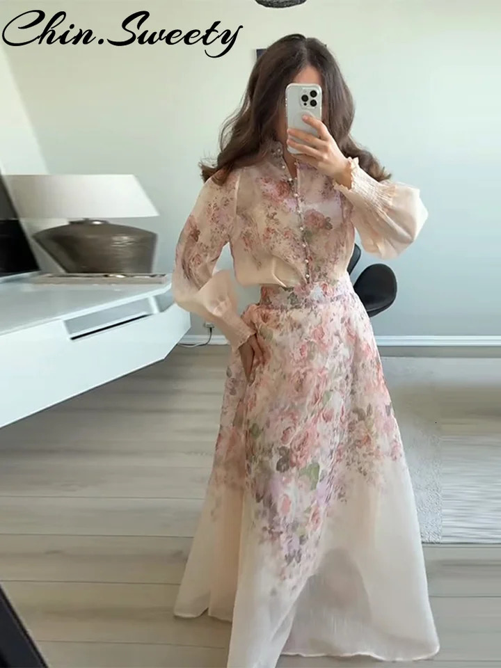 Womens Flower Printed Shirts Skirts Suit Casual Long Sleeve Button Shirt Pleated Zippers Autumn Lady Outfit 250917