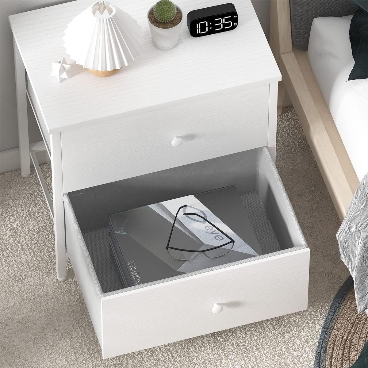 BOLUO White Nightstand Dwe74 2 Drawer For Bedroom,Small Night Stand With Fabric Drawers End Table Modern