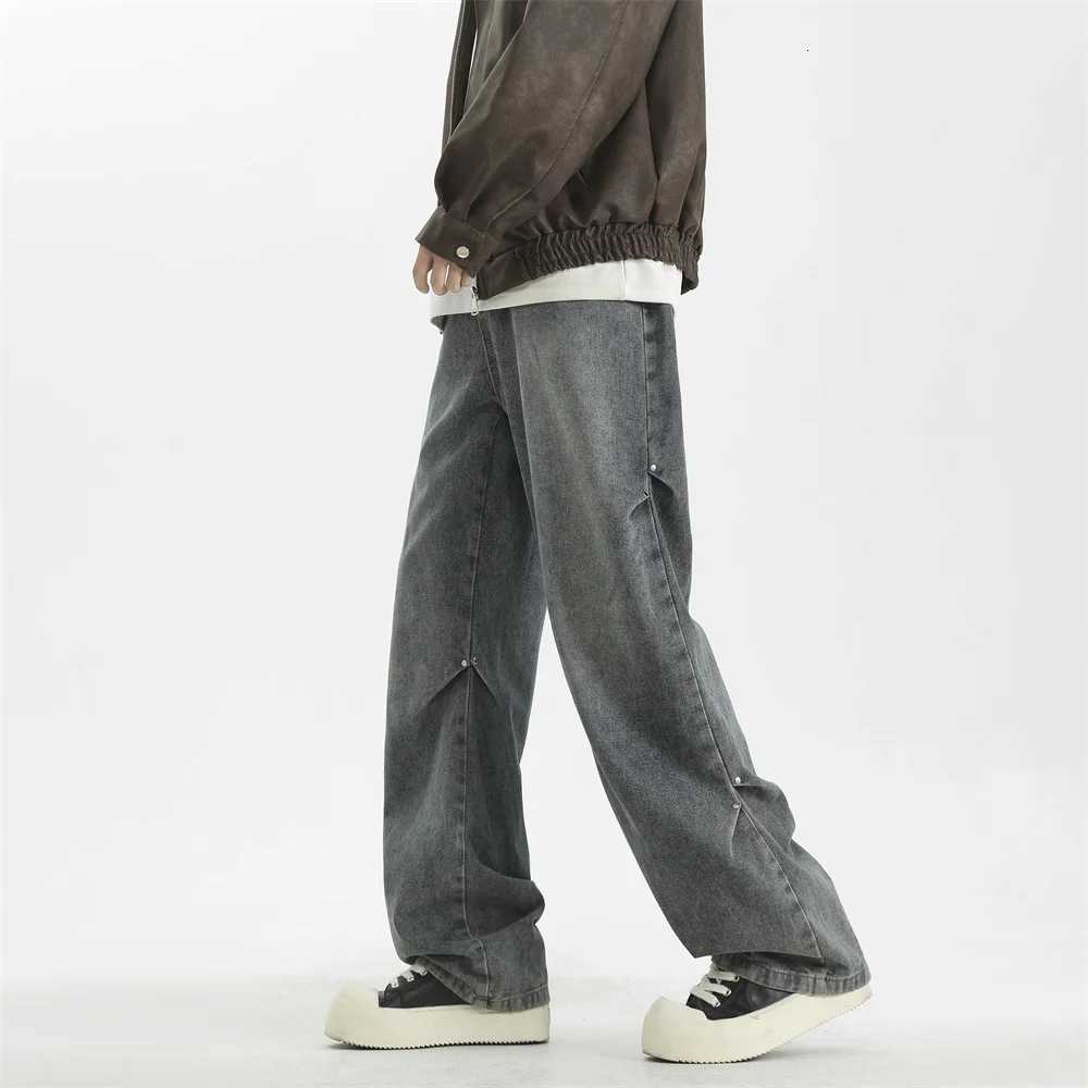 High Street Floorlength Baggy Jeans Mens Wideleg Casual Denim Trousers Men Korean Streetwear Loose Straightleg Jean TrousersZ250917