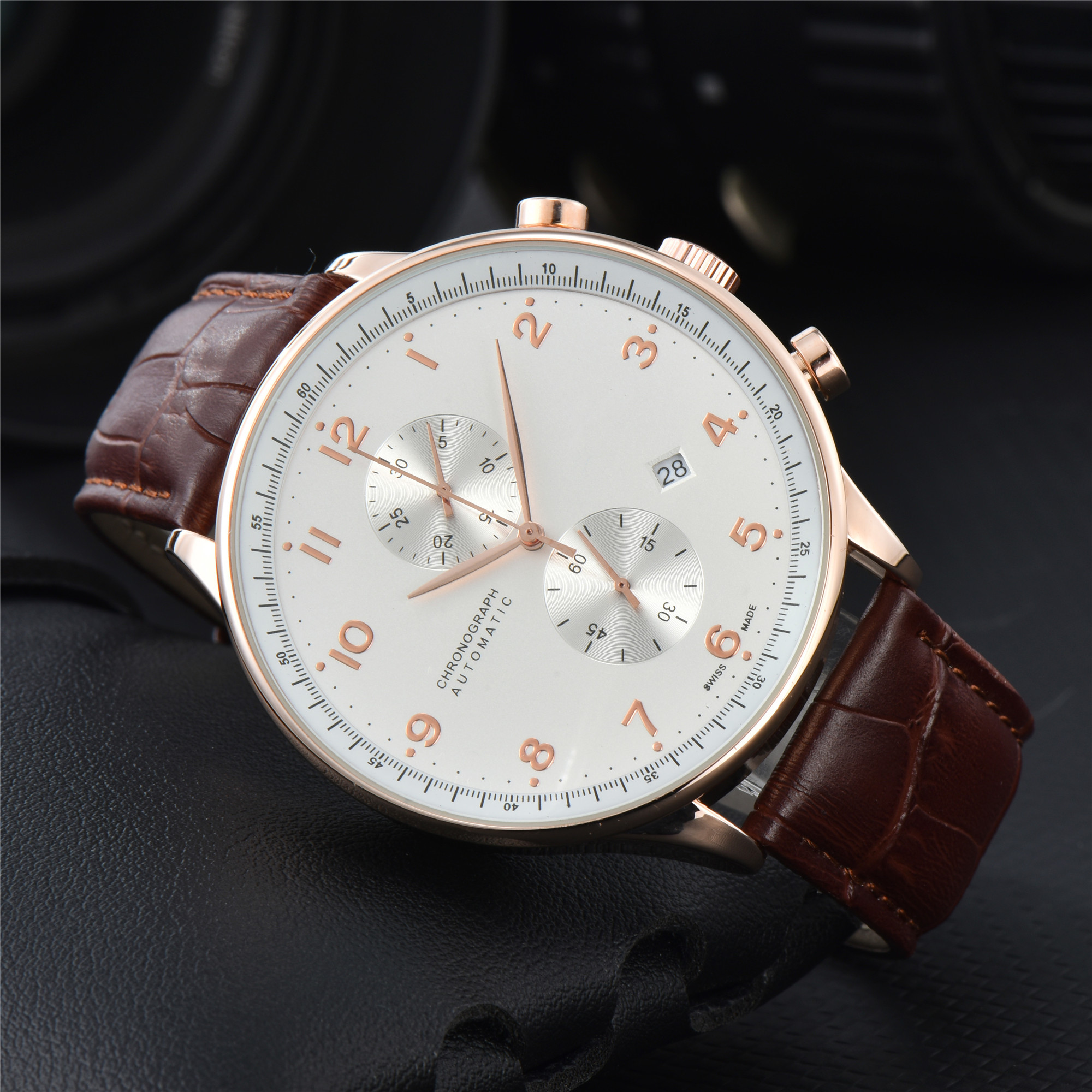 Swiss watch for men - Portuguese series quartz chronograph men's wristwatch. Brown strap, silver dial. IW37161