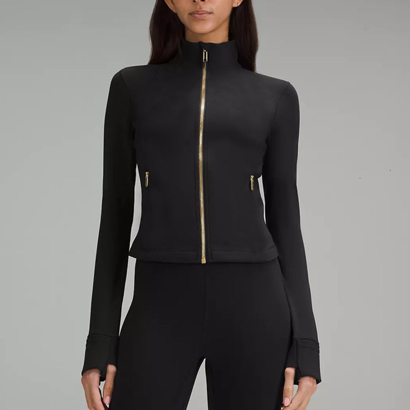 Hot Gold Zipper Cropped Yoga Jacket Stand Up Collar Yogo Clothes Long-Sleeve Thumb Hole Training Running Sweateshirt Women Slim Fitness Coat Sports Outfits