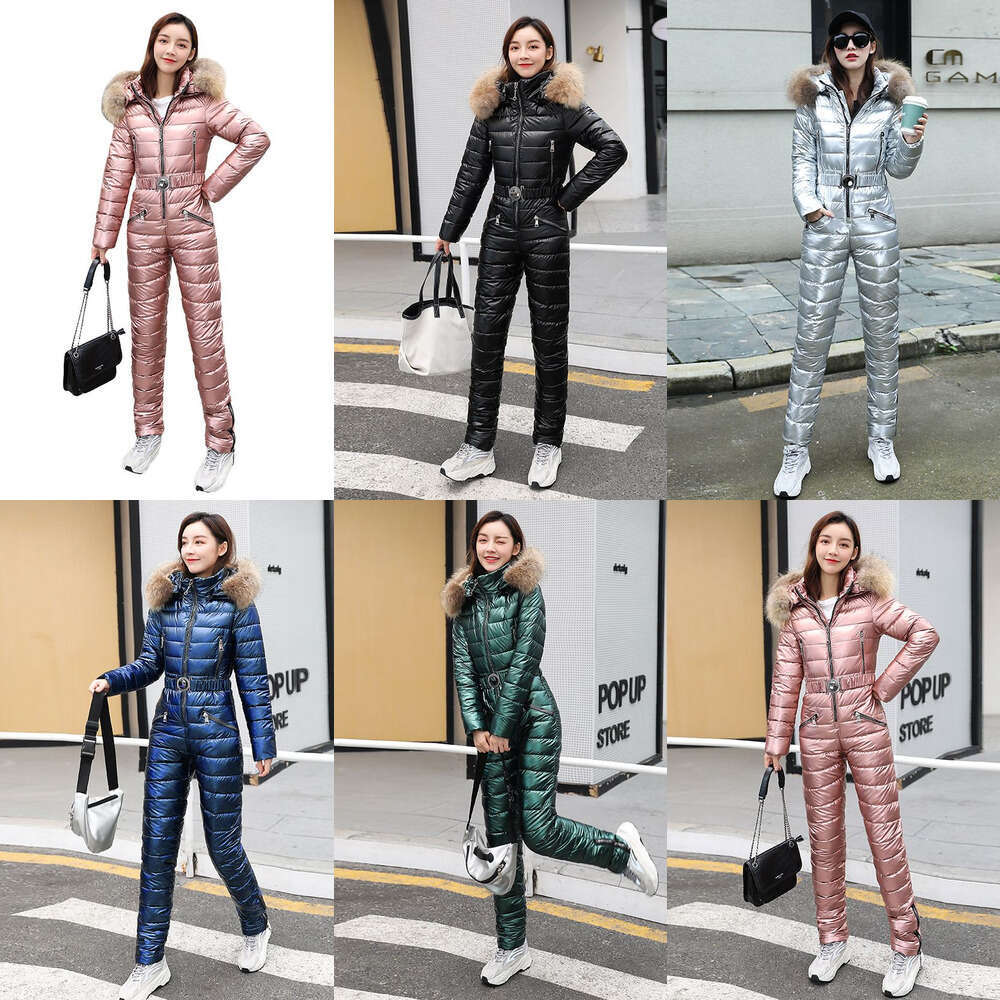 2025 One Piece Ski Suit Women Jackets Winter Hooded Parka Jumpsuit Women Cotton Bodysuit Sashes Jumpsuits Zipper Overalls Tracksuits