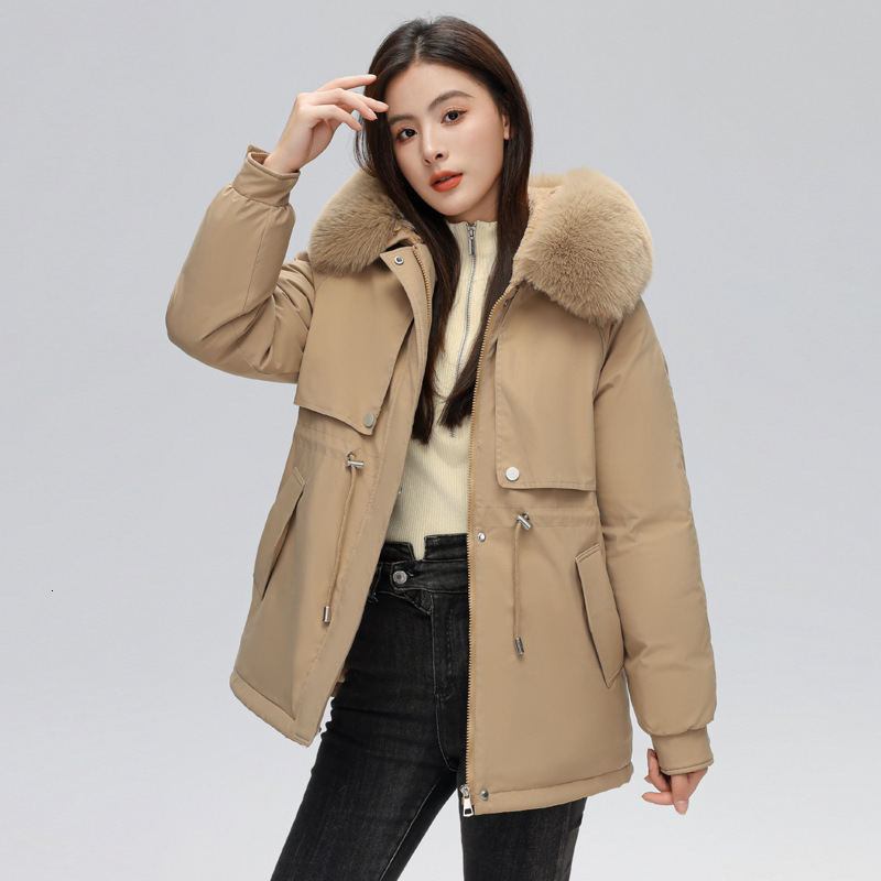 Womens MidLength Down Cotton Jacket Parka 2023 Autumn Winter New Loose Thickened Warm Large Fur Collar Cotton Coat 201217