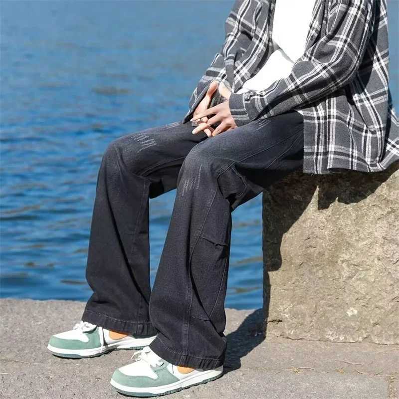 Autumn Distressed Drawstring Straight Jeans For Men High Street Baggy Patchwork Denim Pants 2024 New Hip Hop Fashion Y2K JeanZ250917