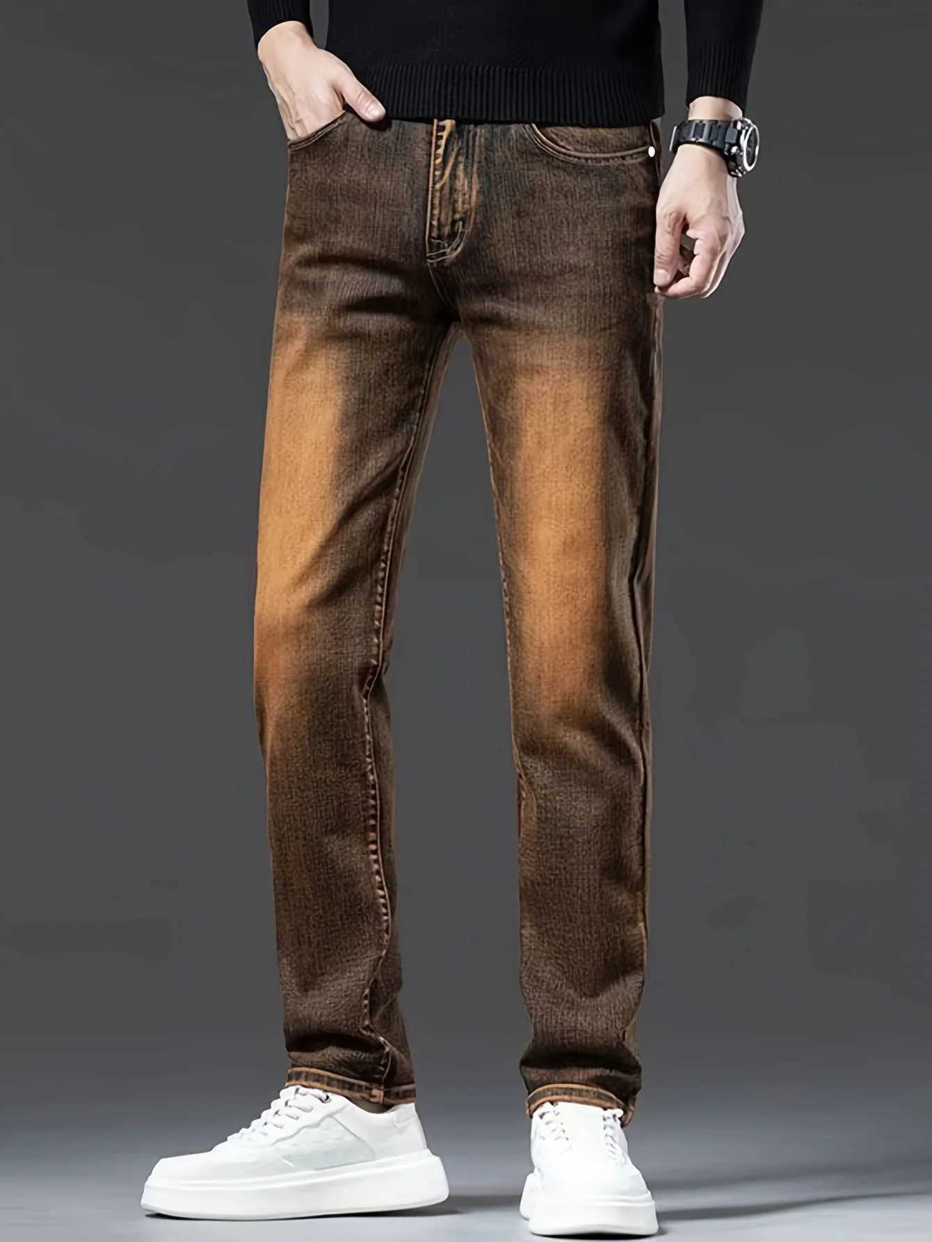 Vintage Fashion Mens Straight Jeans Stretch Washed Breathable Cowboy Casual Trousers New Trendy Gradient Color Denim PantsZ250917