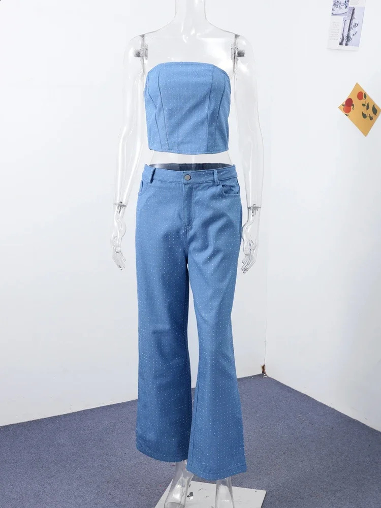 Y2k Womens Sparkling Rhinestone Denim Set Corset Shaping Crop Top Matching Slim Fit Jeans Party Clubwear Nightclub Cowgirl 250916