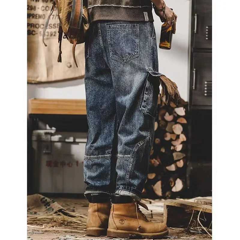 Mens Fashion Multi Pockets Design Cargo Trousers American Vintage Wide Leg Denim Pants Trend Cool Style Streetwear Jeans MaleZ250917