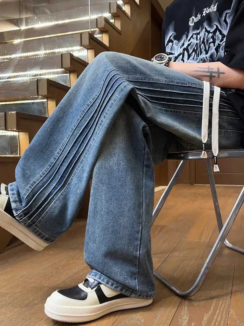 Three bar American retro jeans mens spring and autumn new style high street elastic waist loose casual mens straight leg longZ250917