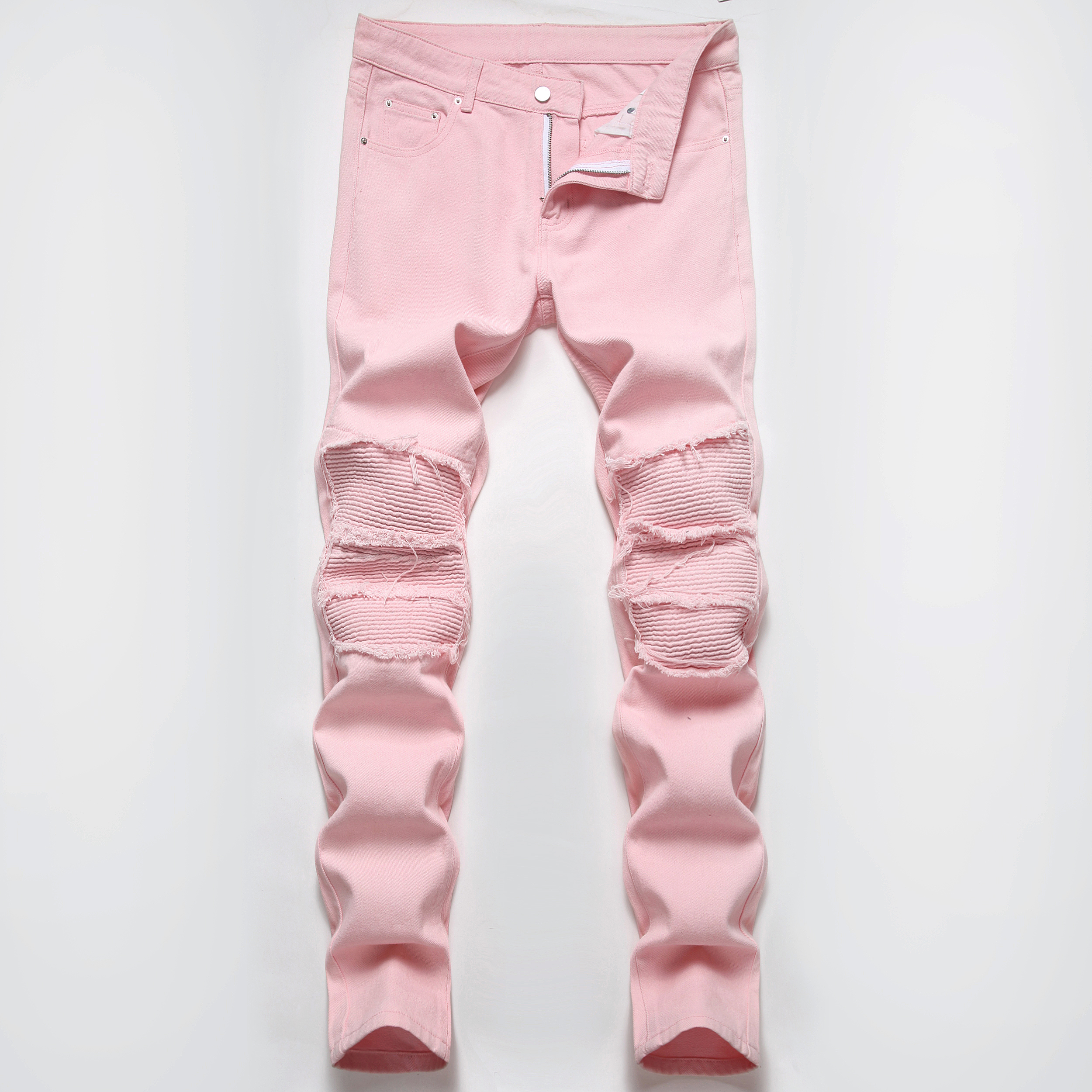 Men's Jeans Men's Slim Fit Pink Ripped Jeans - Solid Color Stretch Denim Pants for Fashion-DH0011