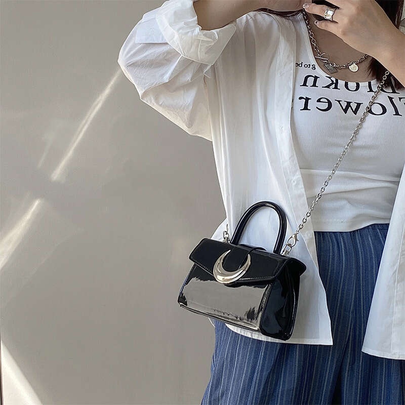 2025 New High-End Designer Bag - Women's Silver Square Patent Leather Handbag with Moon Lock, Chain Shoulder & Crossbody Style