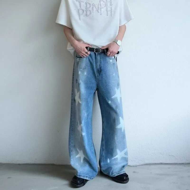 Mens Fashion Gradient Colour Baggy Jeans Loose Casual Long Graffiti Star Design Pants Autumn American Vintage Casual Wide JeansZ250917