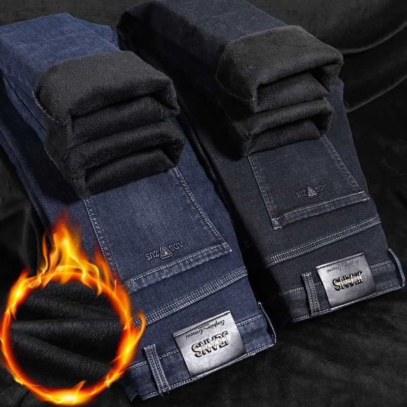 2025 Winter New Fleecelined Thickened Mens Jeans Stretch Slim Straight AllMatching Warm Velvet Thicken Thermal Denim PantsZ250917