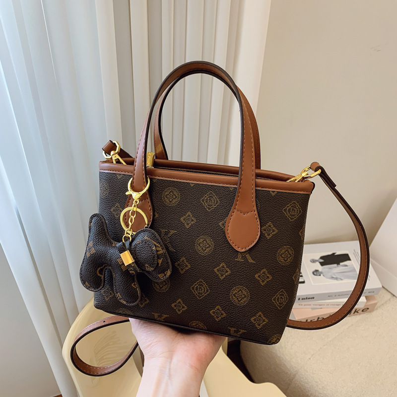 Luxuru Bag Women's Handbag Fall Winter New Vintage Print Crossbody Bucket Tote Bag, Top Handle Purse with Cute Dog Pendant Charm Fashion Shoulder