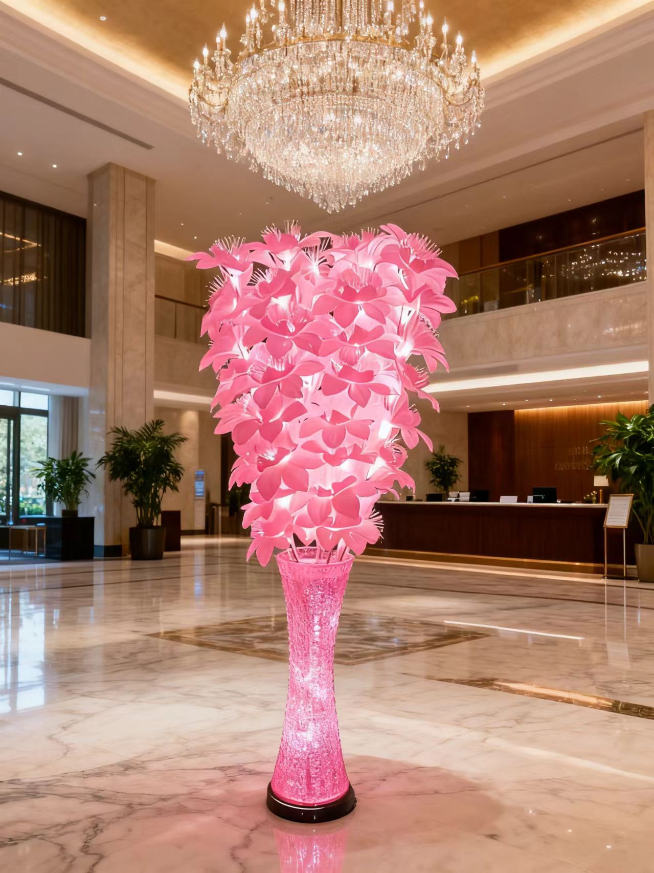 Elegant Crystalline Vessel Holding a Glimmering Optical Fibre Butterfly Bloom