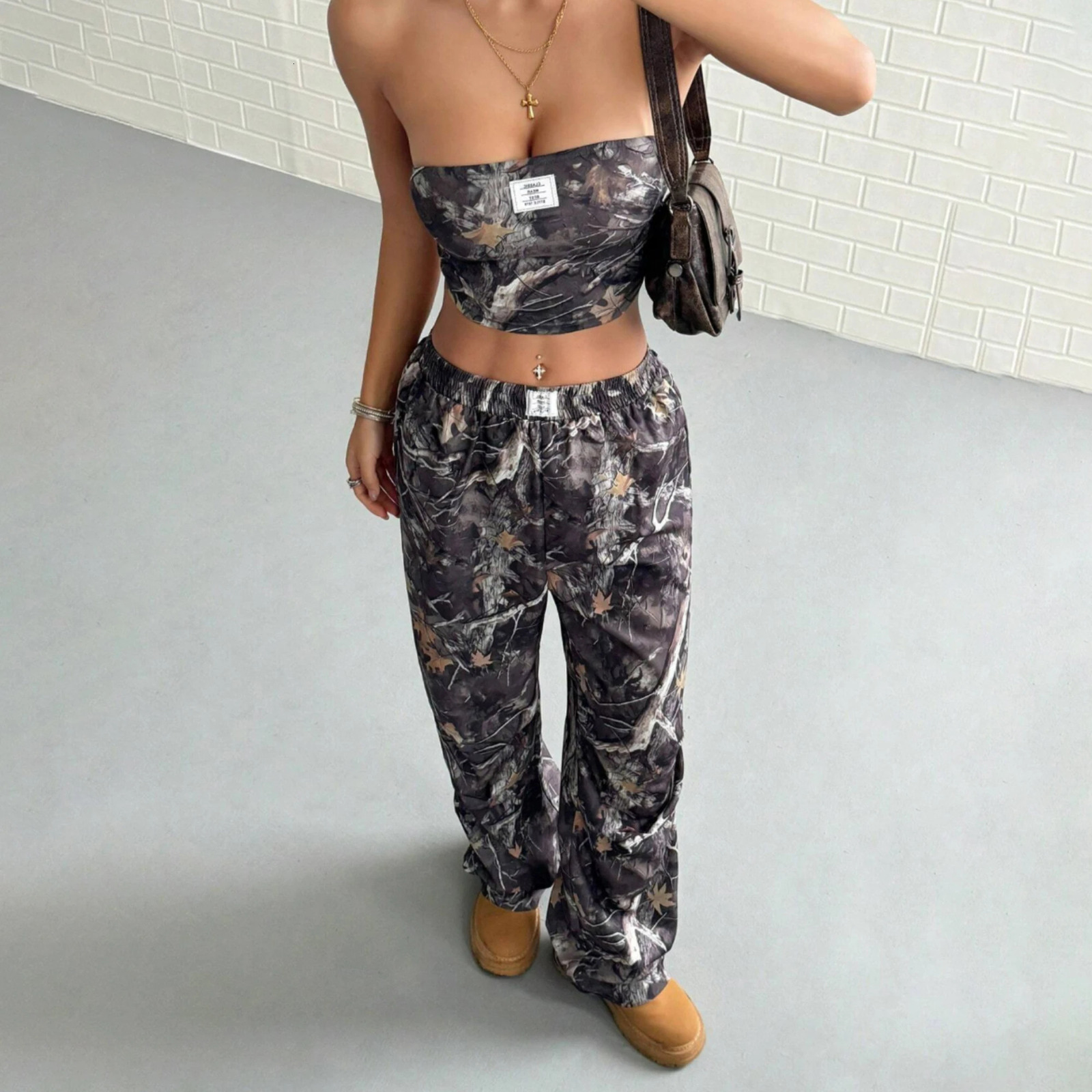 American Style Teenage Girls Casual Elastic Waist Printed Crop Top Slimming Workwear Pants Set Fashionable And Comfortable 250917