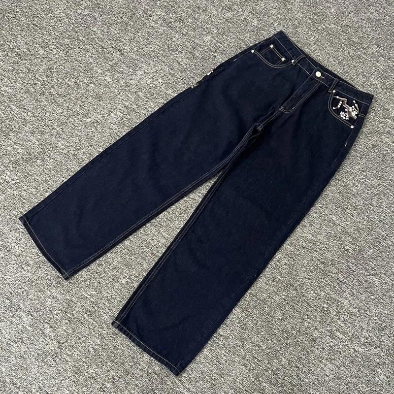 Men's Desinger Jeans Men Women Cherry Blossom Embroidery Derschutze Y2k Retro Baggy Street Straight High Waisted Washed Blue Denim Pants