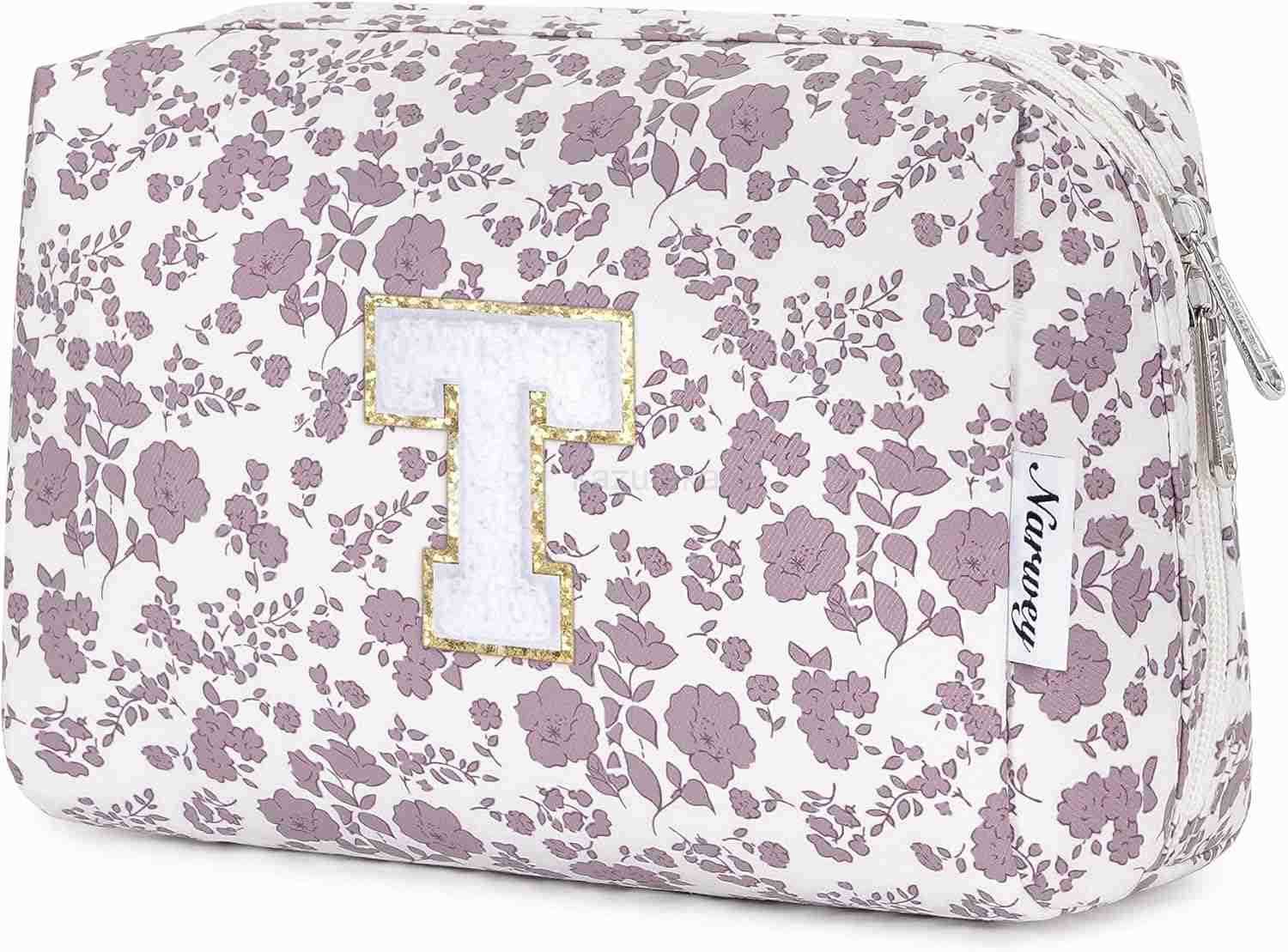 Narwey Birthday Gifts for Teen Girls Kids Women Personalized Initial Floral Makeup Bag Cute Cosmetic Trendy Stuff 6 8 10 11 12 13 14 16 18 Years Old T