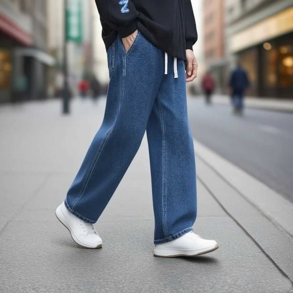 Summer mens denim pants with drawstring retro washed mens jeans straight leg casual mens loose wide leg pants new fashionZ250917