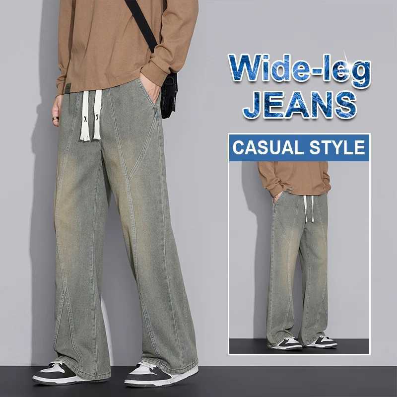 Mens Retro Loose Wide Leg Jeans 2025 Autumn Winter Y2K Millennial Drawstring Design Comfortable Casual Flare Pants Plus Size 4XLZ250917