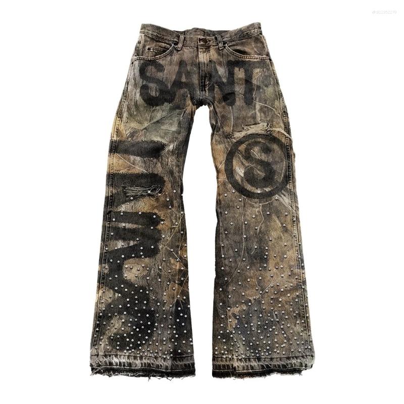 Men's Jeans Street Style Vintage Letter Print Men And Women Distressed Loose Fit With S Pattern Rhinestones Y2K Harajuku