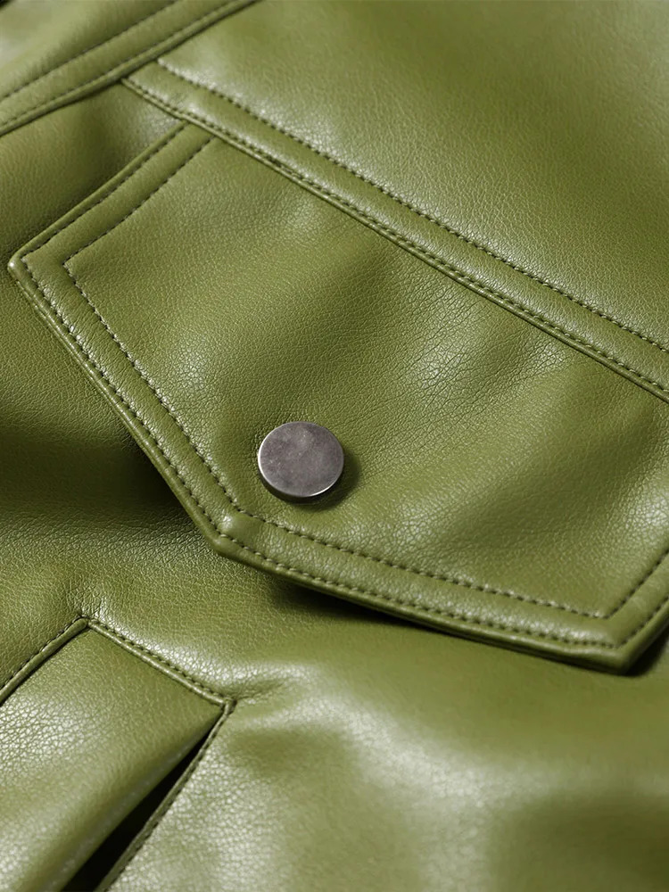 Vintage Womens Green Leather Jacket Zipper Long Sleeve Lapel Pockets Loose Lady Coat 2025 Autumn Retro Moto Biker Outwear 250916