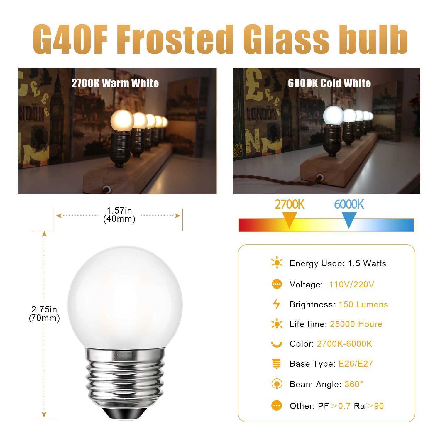 Edison G40 Led E27 Bulb 220V E26 15W Warm White Frosted Glass Globe Replaceable Pendant Chandelier String Light Filament Lamp C250917