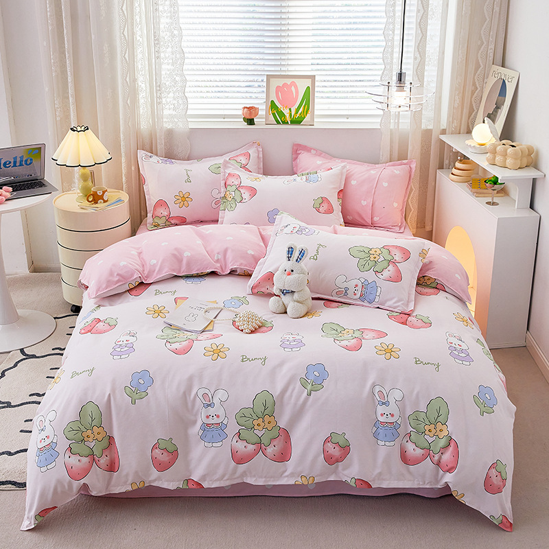New Thickened Pure Brushed Four-Piece Fresh Style Fully Washed Cotton Bed Sheet Duvet Cover Dormitory Three-Piece Set