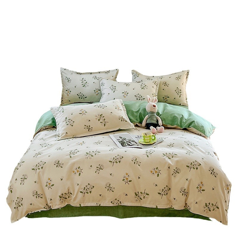 New Thickened Pure Brushed Four-Piece Fresh Style Fully Washed Cotton Bed Sheet Duvet Cover Dormitory Three-Piece Set