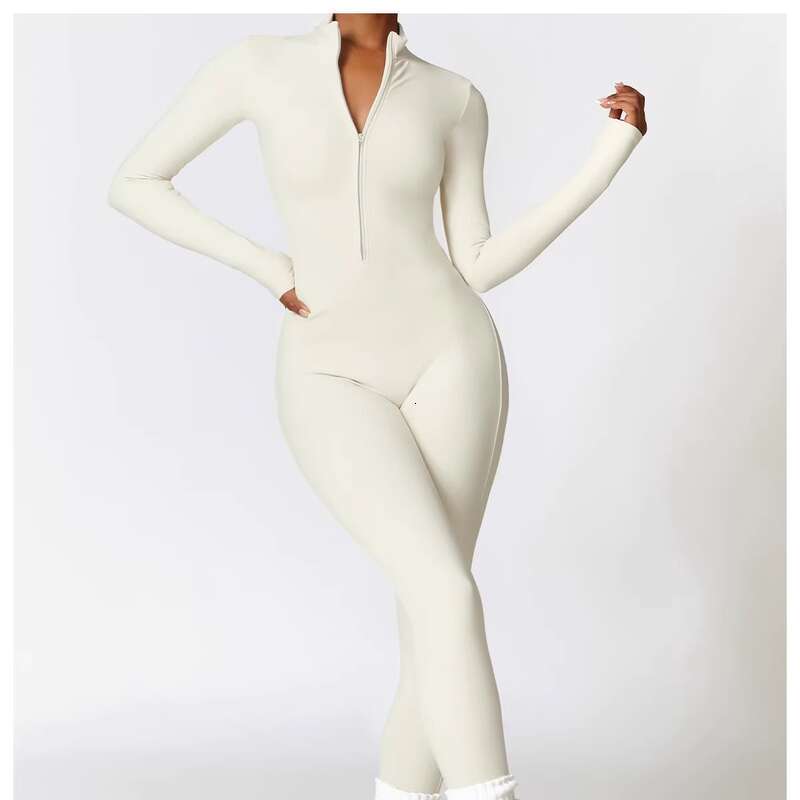 Ski Bodysuit - Fleece-Lined Women Yoga Jumpsuit Fitness Sports Suit Zipper Elastic One-Piece Bodysuits Gym Long Sleeve Gym Runing Push Up Workout Spor