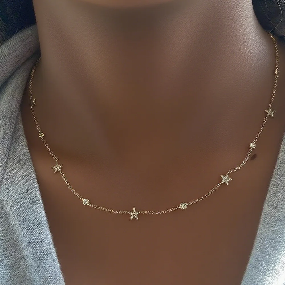 New 100% 925 Sterling Silver Necklace Geometric Star Choker Chain For Women Girl Fine Cute Jewelry Accessories