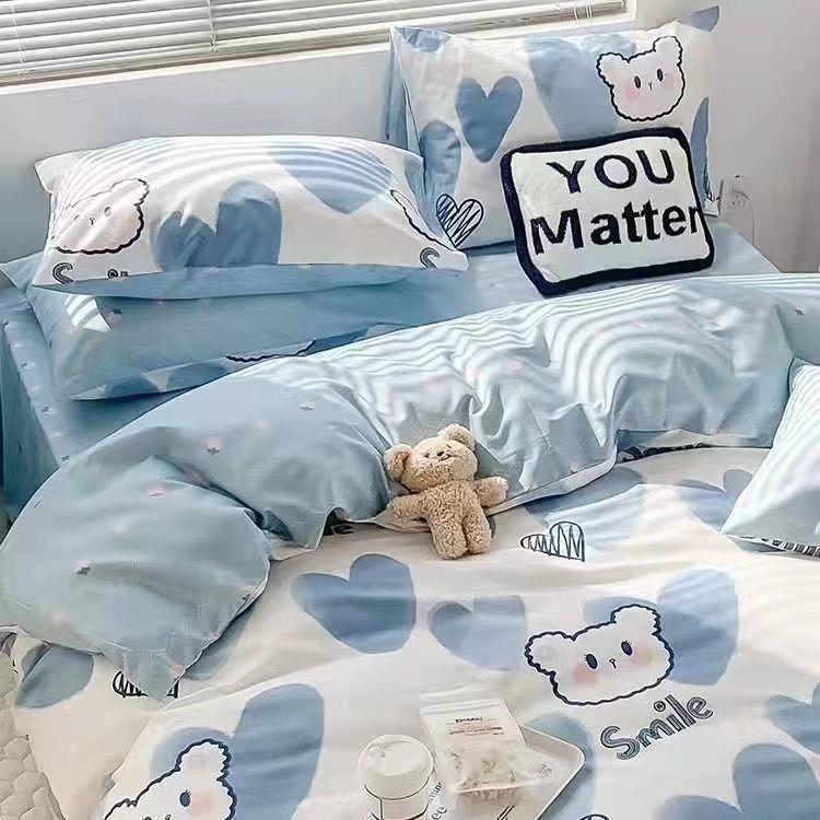 Fresh Simple Girly Cartoon Bedding Set - 4-Piece Duvet Cover and Sheet for Student Dormitory, Single or Double Bed W260302